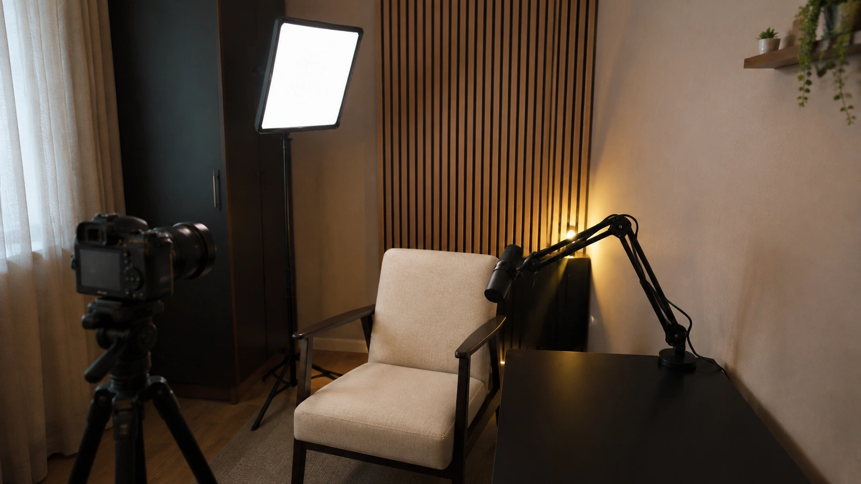 Uređen kućni studio za snimanje videa sa kamerom, svetlom i mikrofonom